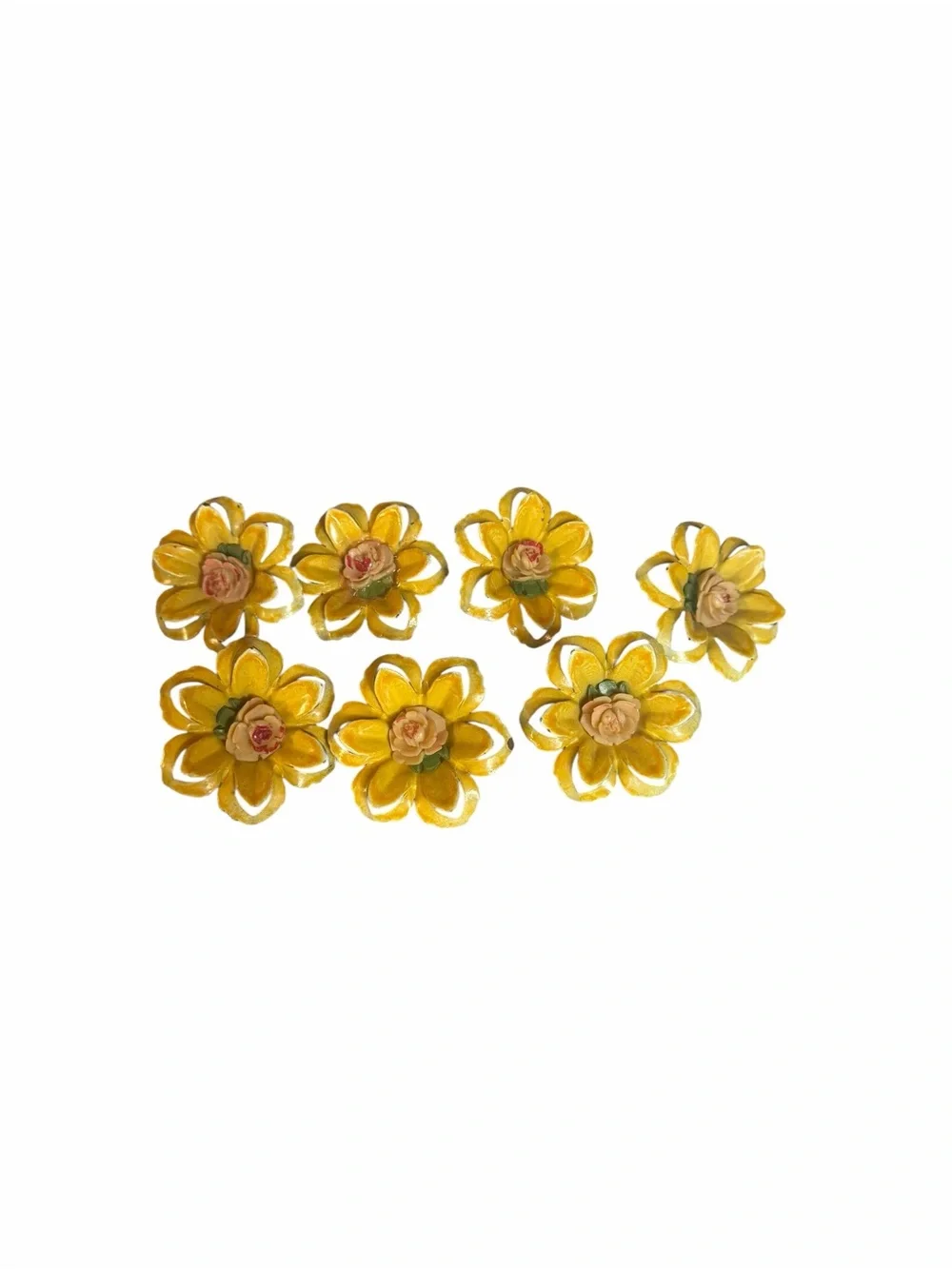 Lot of 7 1950s/60s Multi-Layered, Die-Cut Metal Petals w/Center Plastic Rosebud